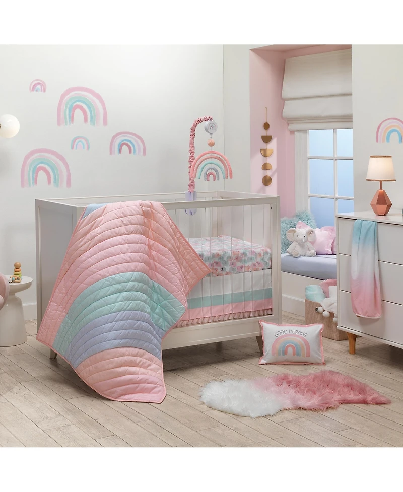 Lambs & Ivy Watercolor Pastel Pink/Mint Rainbow 5-Piece Baby Crib Bedding Set