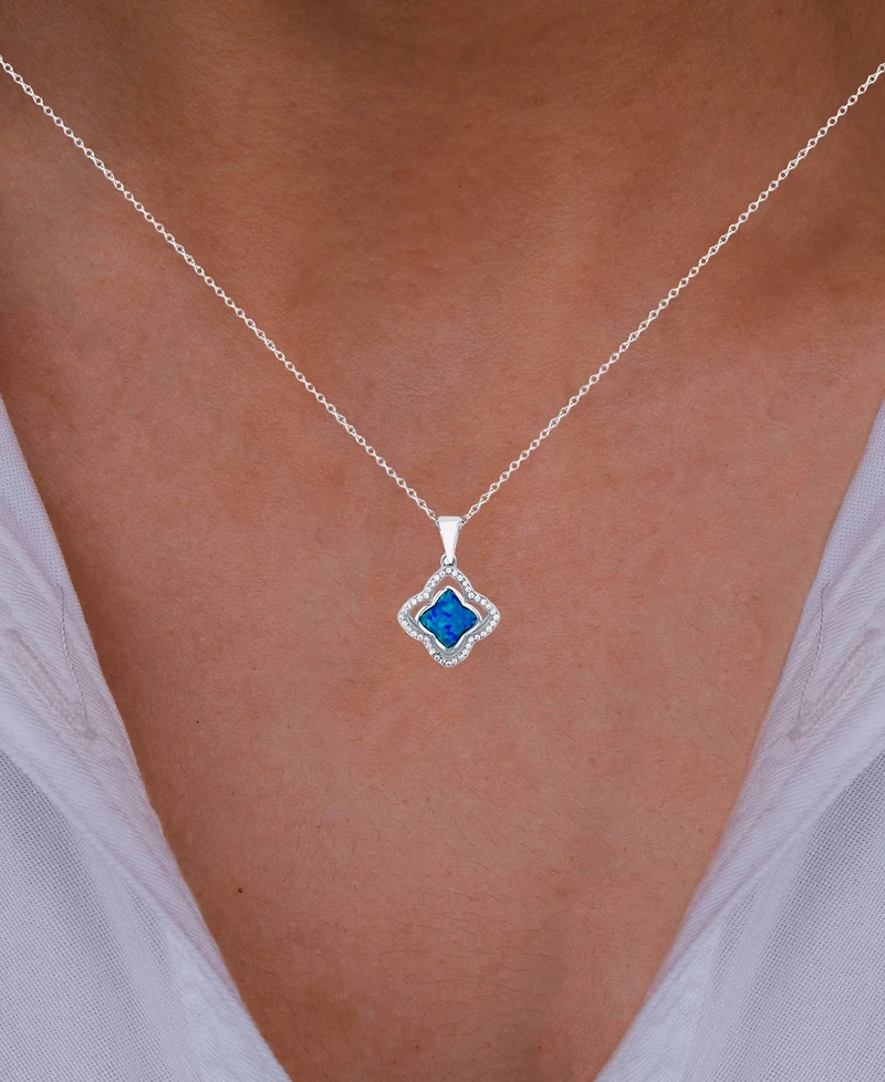 Macy's Opal Inlay and Cubic Zirconia Clover Necklace in Sterling Silver