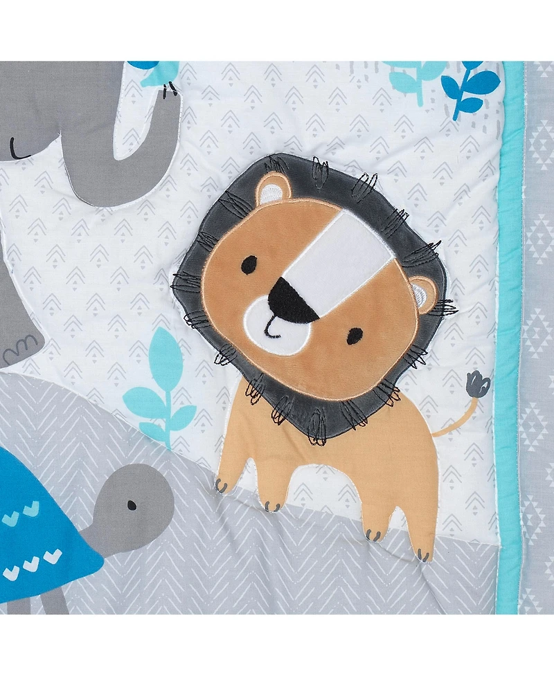Bedtime Originals Baby Jungle Fun Gray/Blue/White Elephant, Lion and Monkey 3-Piece Nursery Crib Bedding Set
