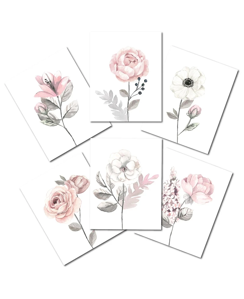 Lambs & Ivy Watercolor Floral Unframed Nursery Child Wall Art 6pc - Pink/Gray