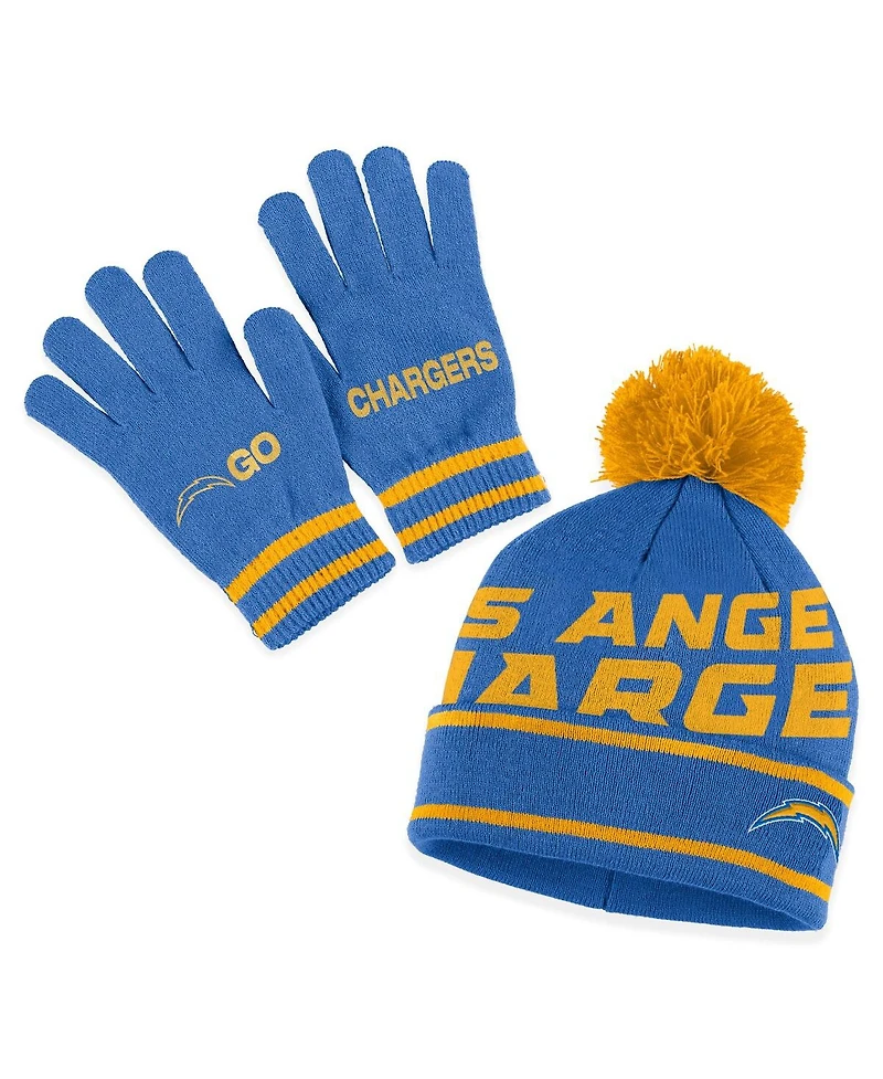 Women's Wear by Erin Andrews Powder Blue Los Angeles Chargers Double Jacquard Cuffed Knit Hat with Pom and Gloves Set