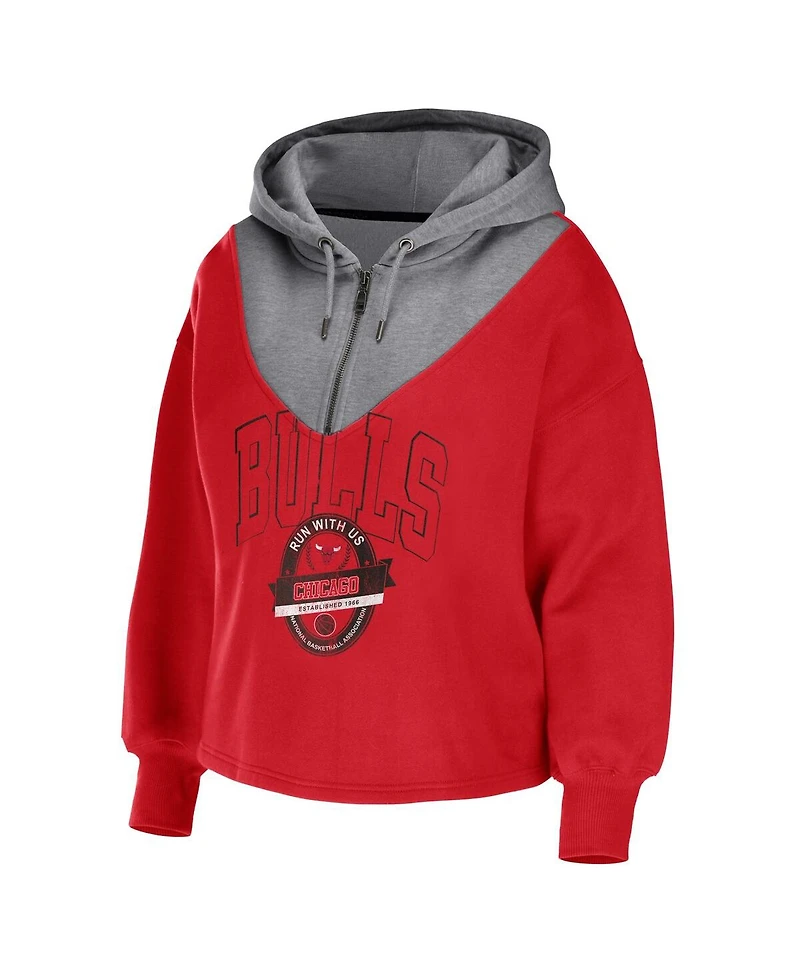 Women's Wear by Erin Andrews Red Chicago Bulls Pieced Quarter-Zip Hoodie Jacket