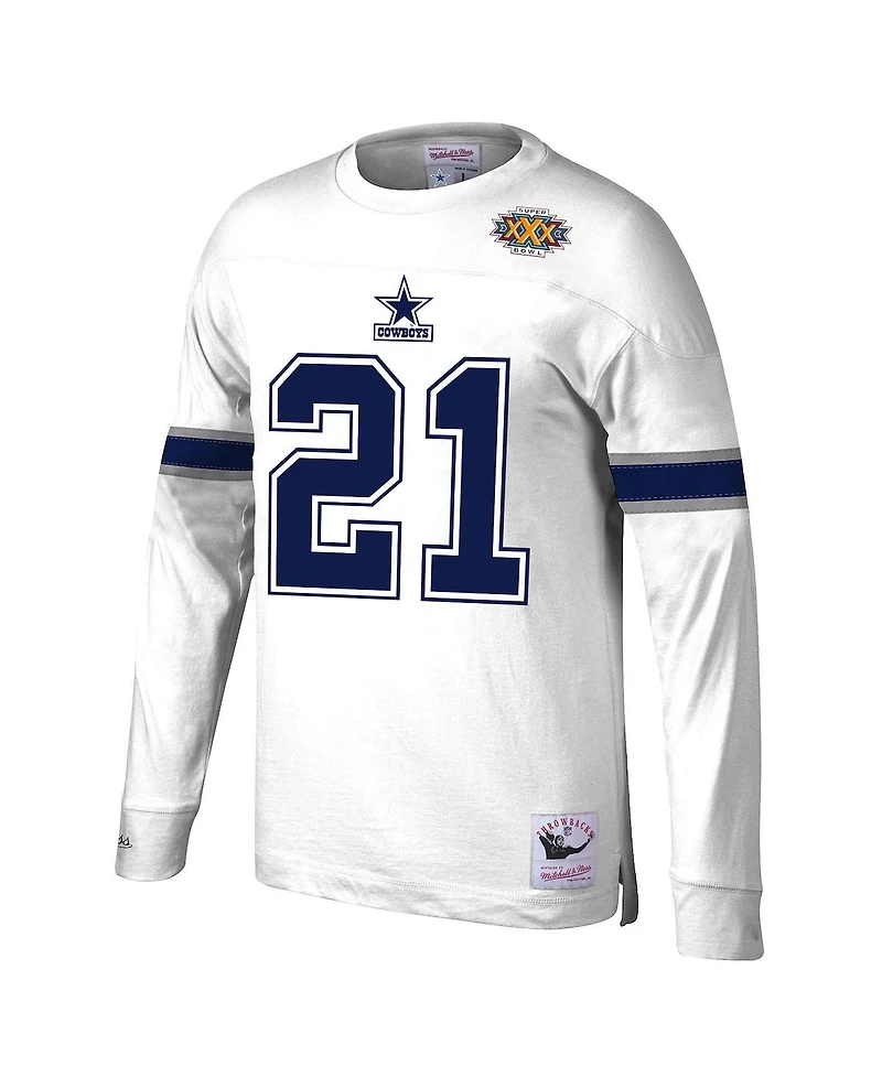 Men's Mitchell & Ness Deion Sanders White Dallas Cowboys Retired Player Name and Number Long Sleeve Top