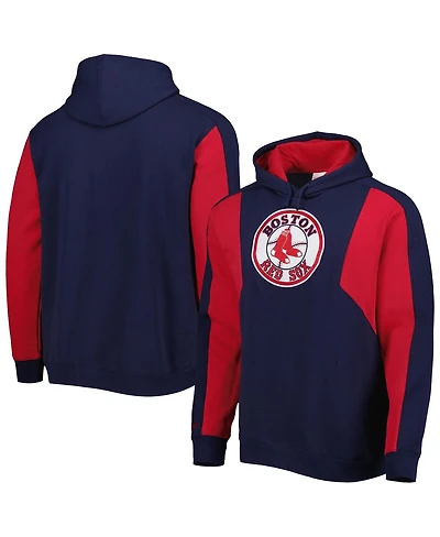 Men's Mitchell & Ness Navy, Red Boston Red Sox Colorblocked Fleece Pullover Hoodie