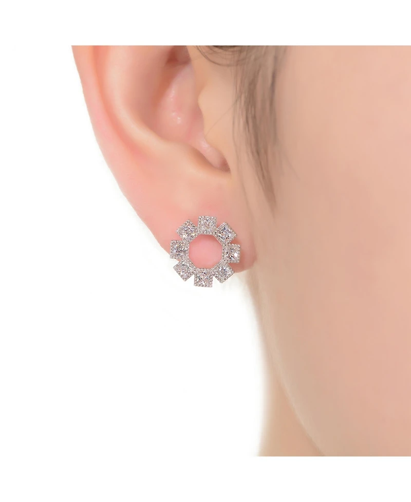 Gv Sterling Silver White Gold Plated Eight Stone Clear Princess Cubic Zirconia Bezel Earrings