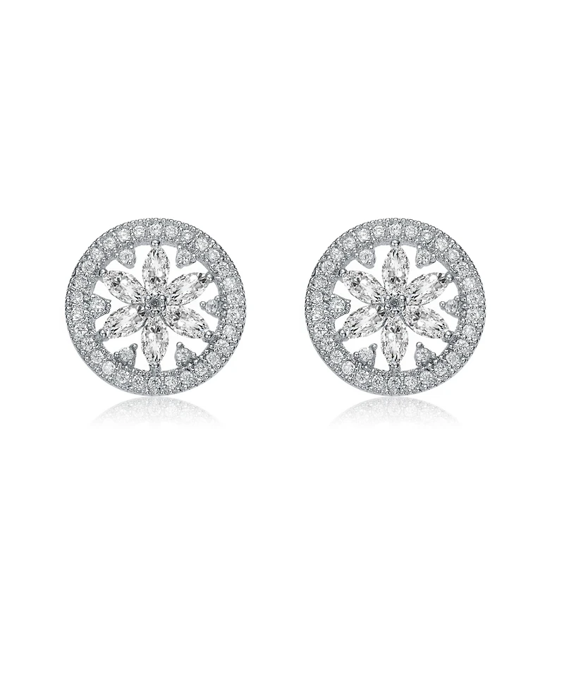 Gv Sterling Silver White Gold Plated Clear Marquise with Round Cubic Zirconia Halo Wreath Earrings