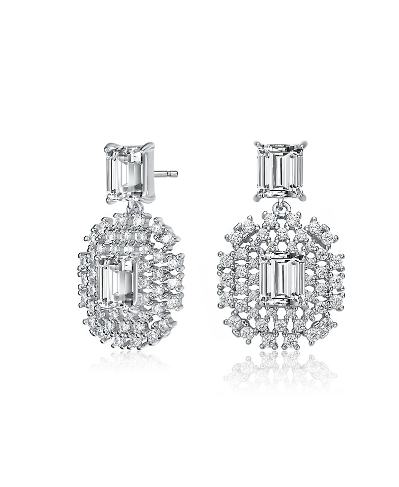 Gv Sterling Silver White Gold Plated Clear Green with Round Cubic Zirconia Lace Cluster Drop Earrings