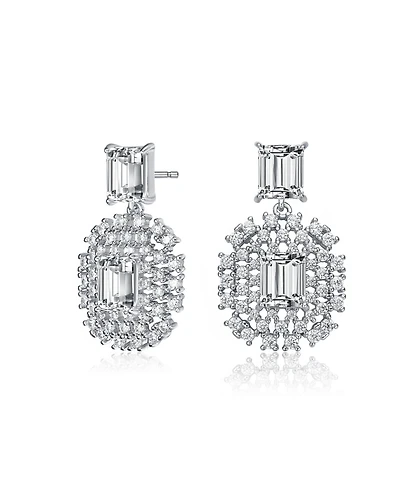 Gv Sterling Silver White Gold Plated Clear Green with Round Cubic Zirconia Lace Cluster Drop Earrings