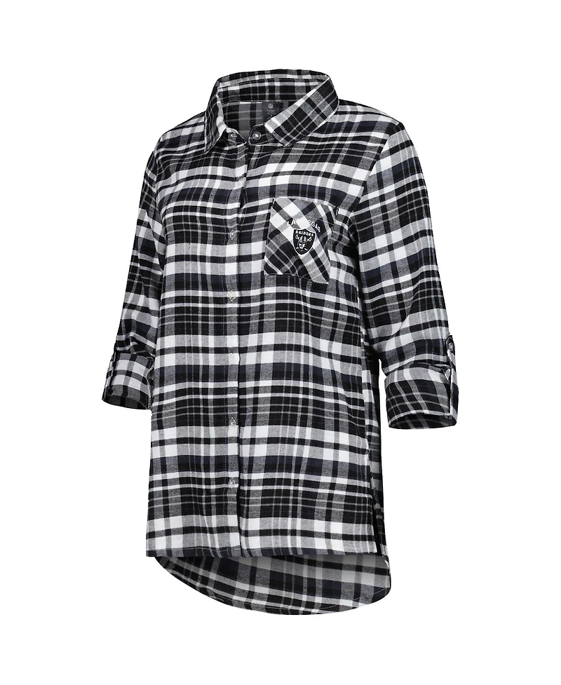 Women's Concepts Sport Black, Silver Las Vegas Raiders Mainstay Flannel Full-Button Long Sleeve Nightshirt