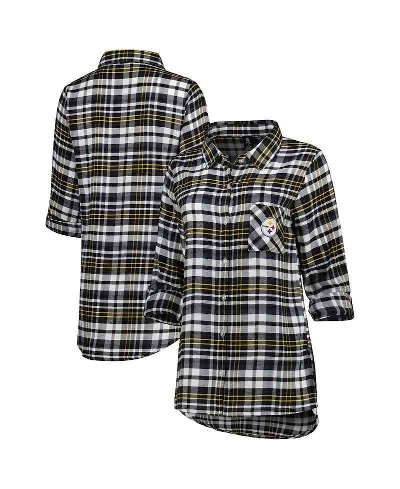 Women's Concepts Sport Black, Gold Pittsburgh Steelers Mainstay Flannel Full-Button Long Sleeve Nightshirt