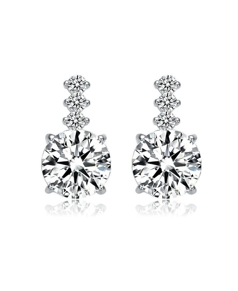 Gv Sterling Silver with White Gold Plated Clear Round Cubic Zirconia Linear Drop Earrings