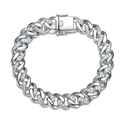 Bold Men's Curb Chain Bracelet with Iced Out Cubic Zirconia in Sterling Silver