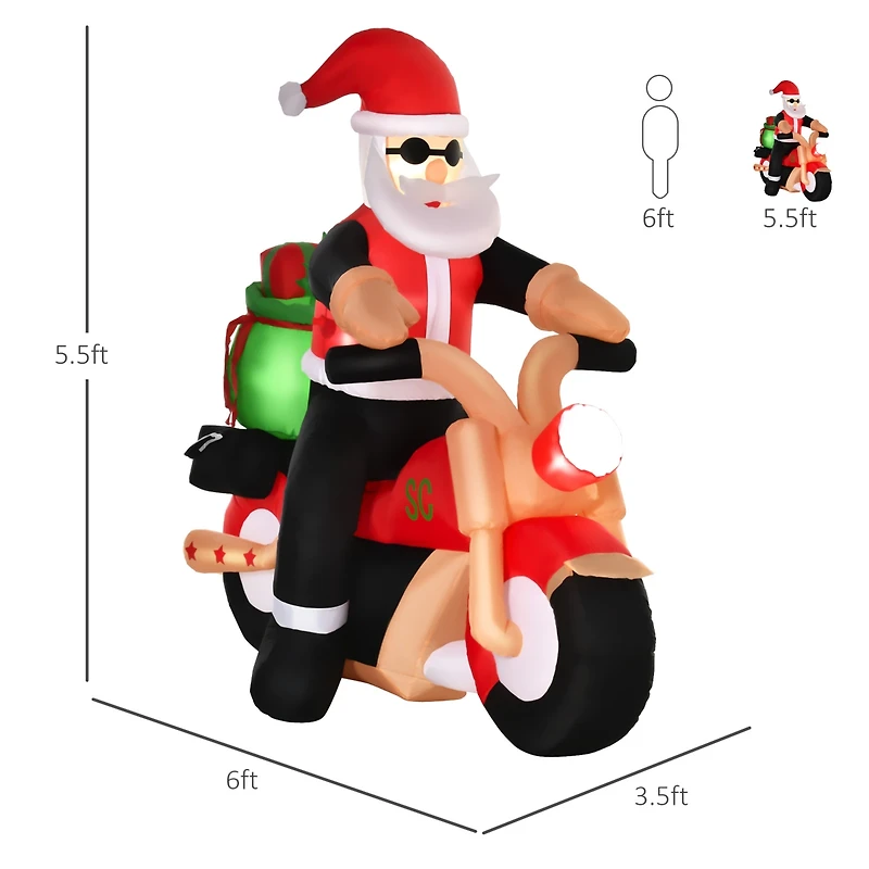 Homcom 6' Long Light Up Motorcycle Santa Claus Inflatable Yard Decor Holiday