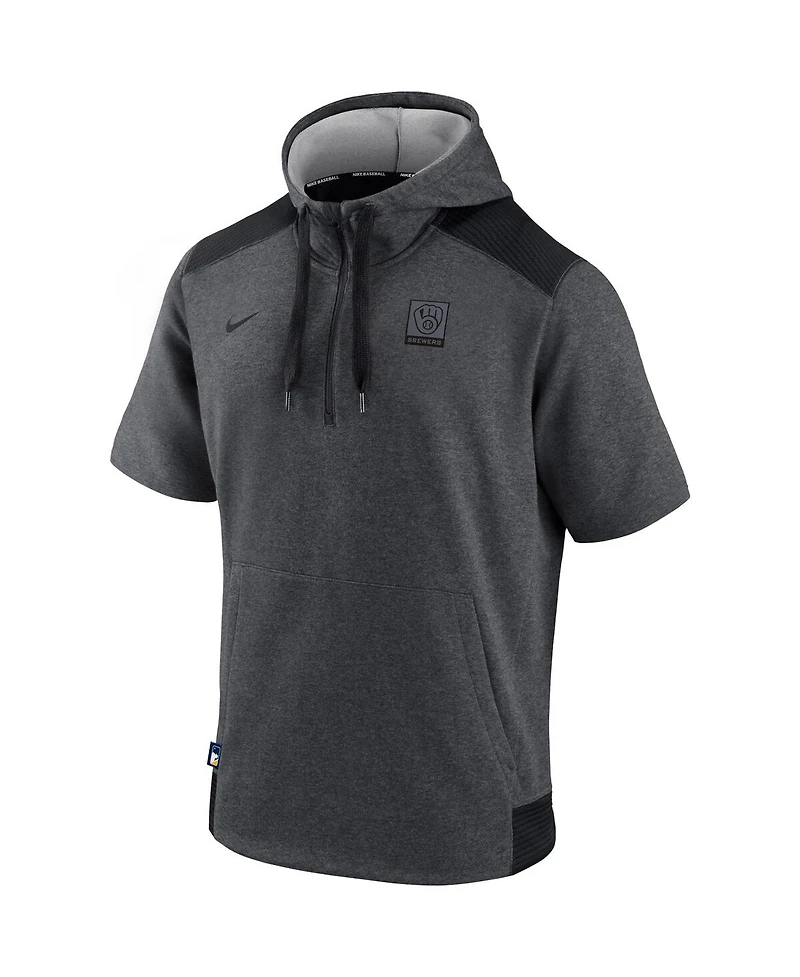Men's Nike Heathered Charcoal, Black Milwaukee Brewers Authentic Collection Dry Flux Performance Quarter-Zip Short Sleeve Hoodie