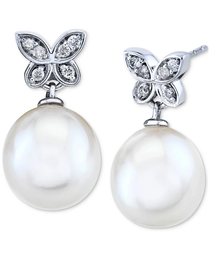 Cultured Freshwater Pearl (9mm) and Diamond (1/10 ct. t.w.) Butterfly Drop Earrings in 14k White Gold