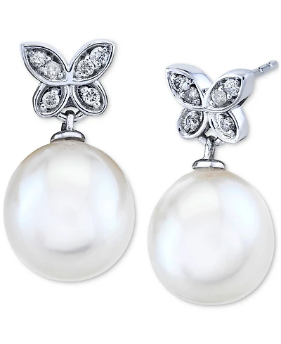 Cultured Freshwater Pearl (9mm) and Diamond (1/10 ct. t.w.) Butterfly Drop Earrings in 14k White Gold