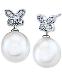 Cultured Freshwater Pearl (9mm) and Diamond (1/10 ct. t.w.) Butterfly Drop Earrings in 14k White Gold
