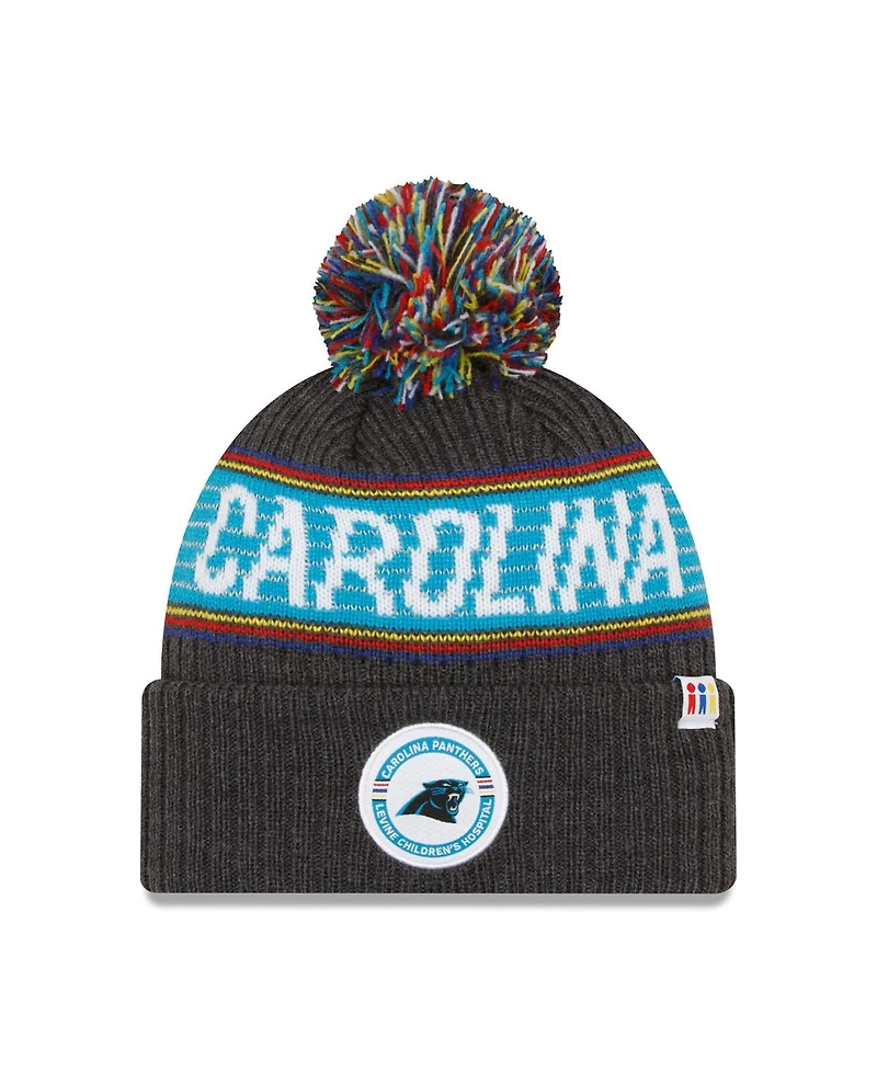 Men's New Era Heather Charcoal Carolina Panthers 2022 Greg Olsen x Atrium Health Levine Children's Hospital Pom Knit Hat