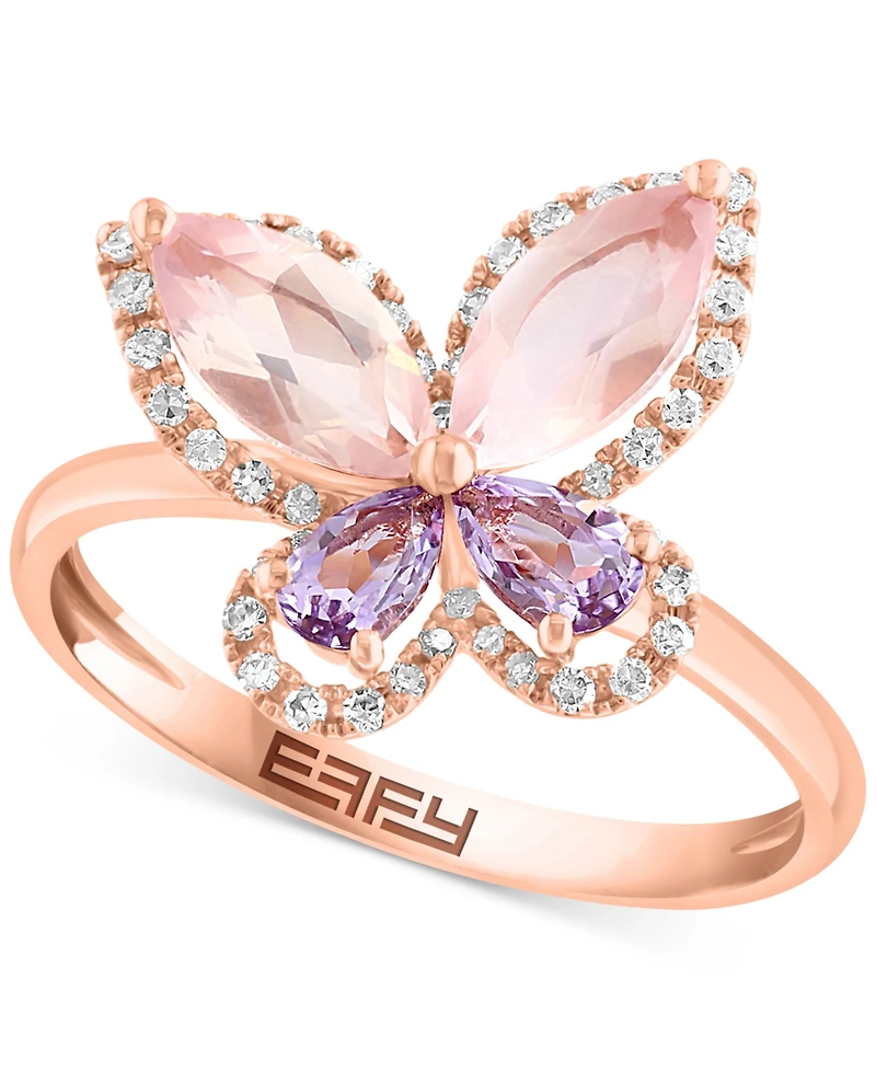 Effy Rose Quartz (1 ct. t.w.), Pink Amethyst (1/3 ct. t.w.) & Diamond (1/6 ct. t.w.) Butterfly Ring in 14k Rose Gold