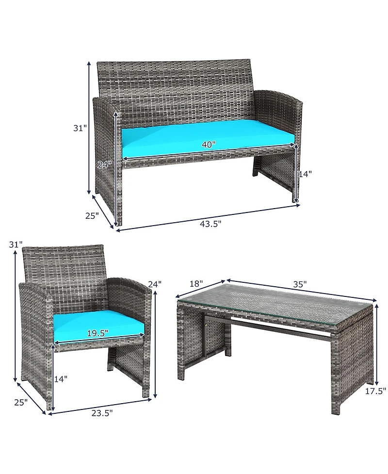 4PCS Patio Rattan Furniture Set Conversation Glass Table Top Cushioned