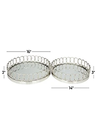 Rosemary Lane Stainless Steel Mirrored Tray with Circle Patterned Sides, Set of 2, 16", 14" W