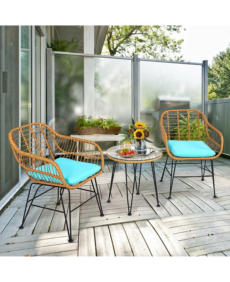 3PCS Patio Rattan Bistro Furniture Set Cushioned Chair Table