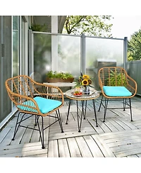 3PCS Patio Rattan Bistro Furniture Set Cushioned Chair Table
