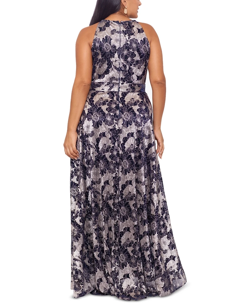 Betsy & Adam Plus Size Floral Foil Print Halter-Neck Gown