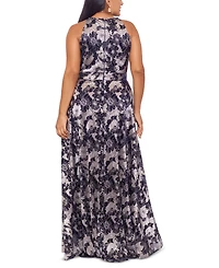 Betsy & Adam Plus Size Floral Foil Print Halter-Neck Gown