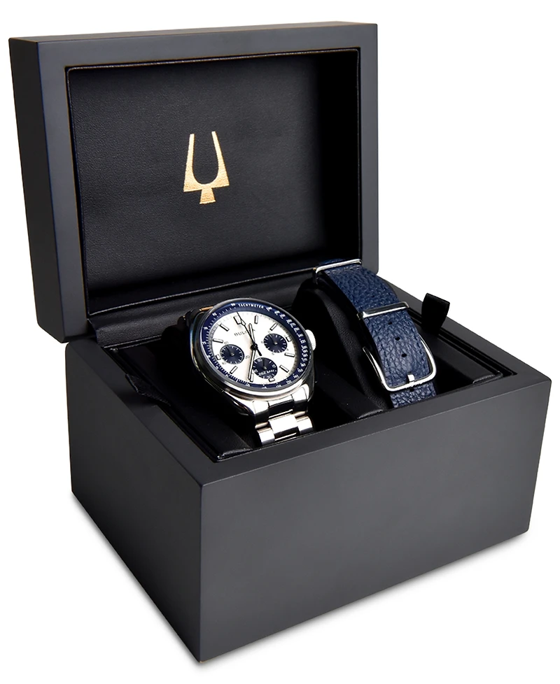 Bulova Men's Chronograph Archive Lunar Pilot Stainless Steel Bracelet Watch Box Set 44mm
