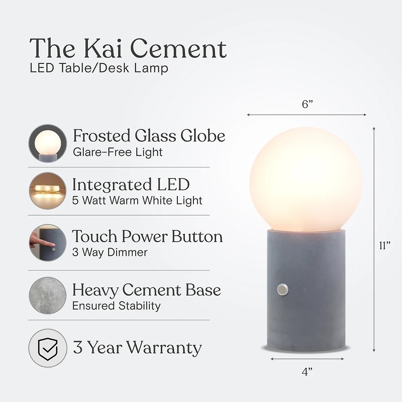 Kai 11" Dimmable Led Cement Modern Table Lamp