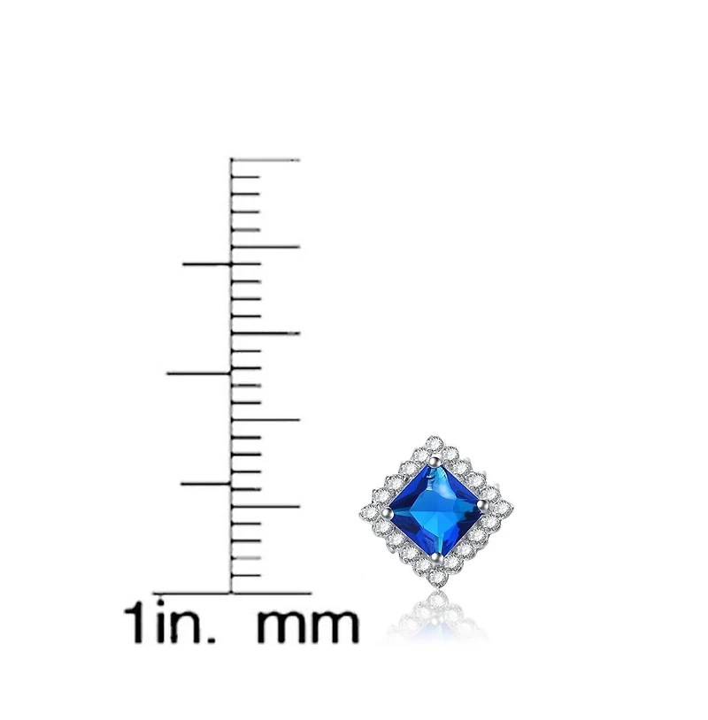 Cubic Zirconia Sterling Silver White Gold Plated Blue Square Shape Earrings