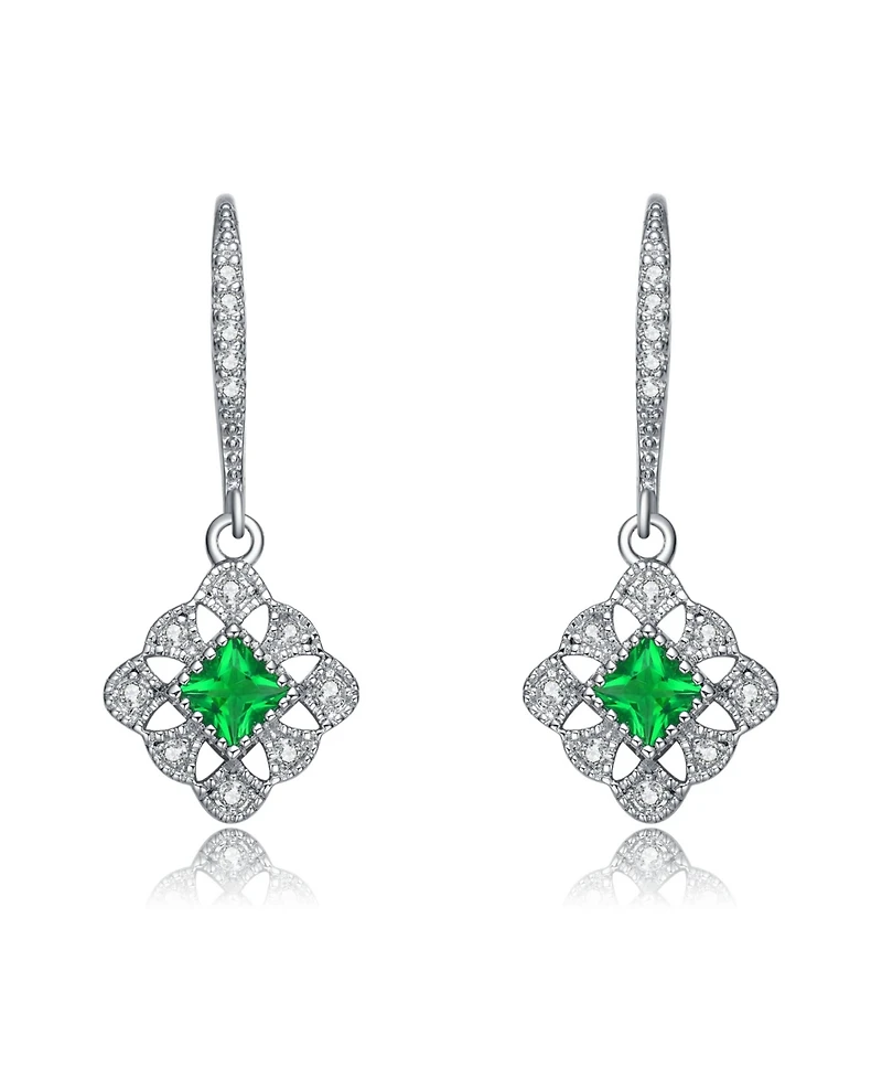 Sterling Silver White Gold Plated Radiant and Round Cubic Zirconia Adorn Leverback Earrings