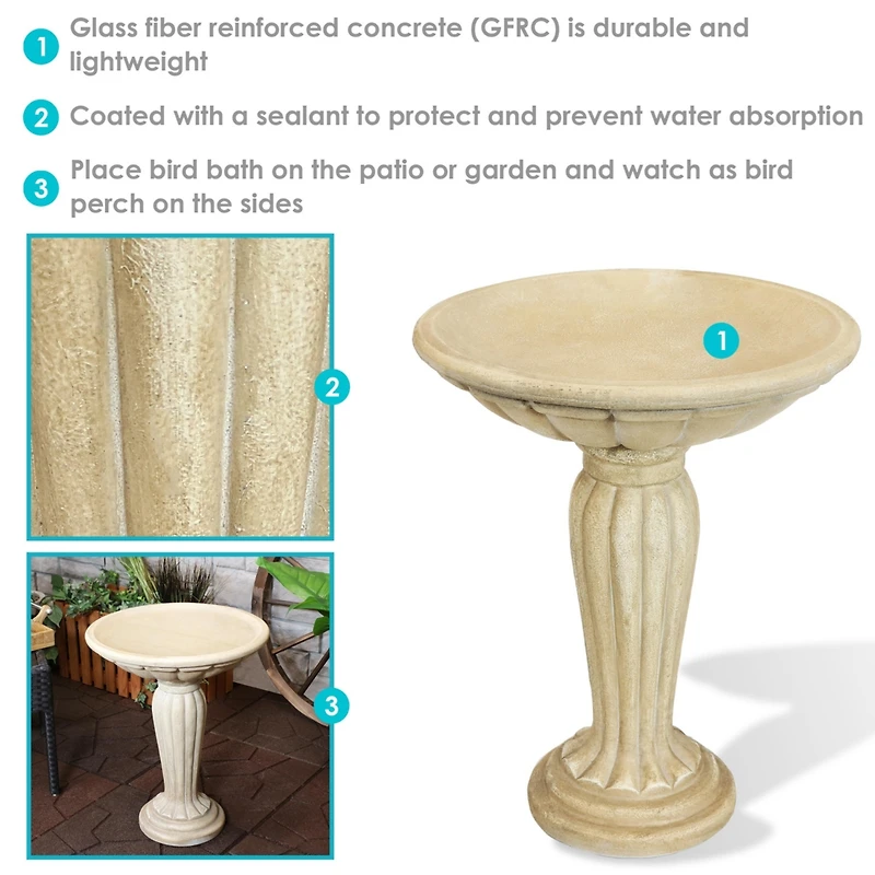 Grecian Column 20-Inch H Glass Fiber Reinforced Concrete Construction Garden Bird Bath - White