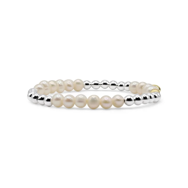 Bowood Lane 5mm Silver Ball and Freshwater Pearl Stretch Bracelet