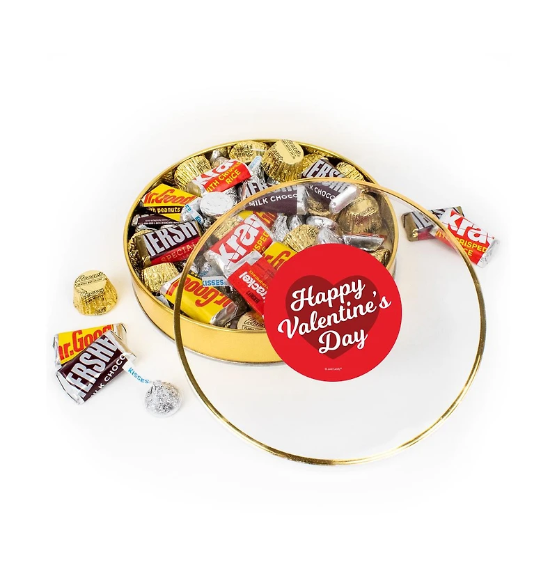 Just Candy Valentine's Day Candy Gift Tin - Plastic Gift Tin with Hershey's Kisses, Hershey's Miniatures & Reese's Peanut Butter Cups, 67 Pieces