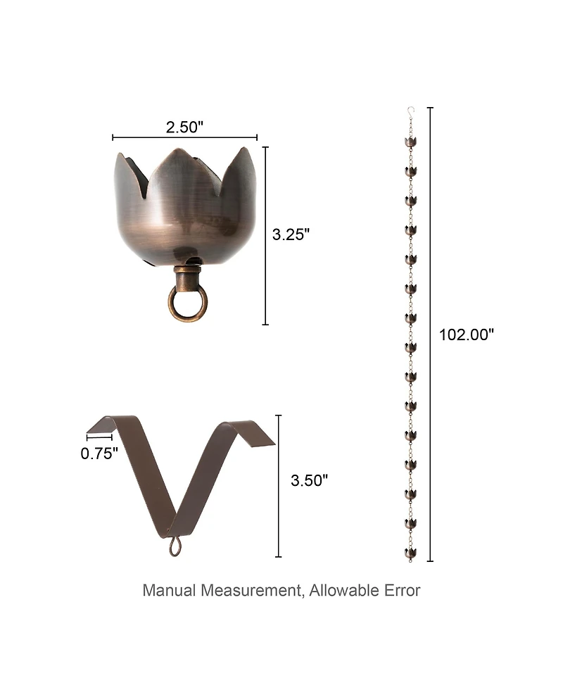 Glitzhome 8.5' Faux Copper Lotus Shaped Rain Chain with V-Shaped Gutter Clip