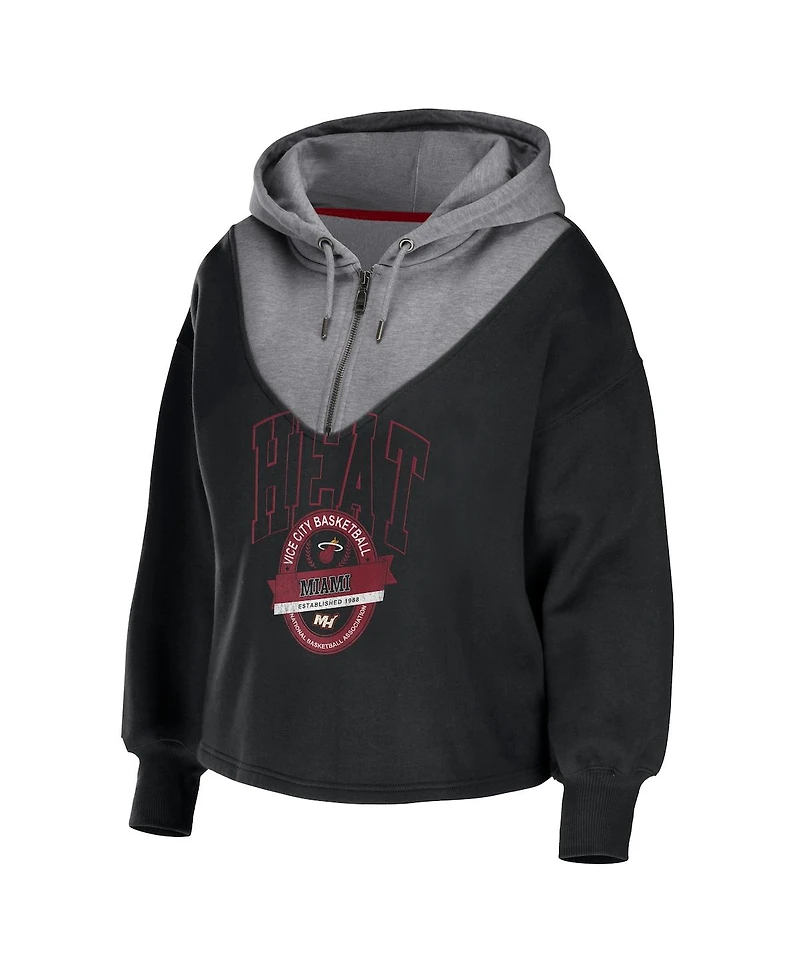 Women's Wear by Erin Andrews Black Miami Heat Pieced Quarter-Zip Hoodie Jacket