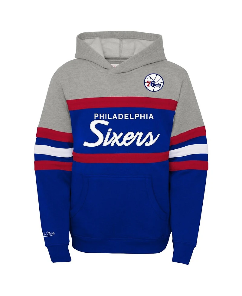 Big Boys and Girls Mitchell & Ness Heather Gray, Royal Philadelphia 76ers Hardwood Classics Head Coach Pullover Hoodie