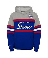 Big Boys and Girls Mitchell & Ness Heather Gray, Royal Philadelphia 76ers Hardwood Classics Head Coach Pullover Hoodie
