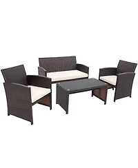 4PCS Patio Rattan Furniture Set Cushioned Chair Sofa Coffee Table
