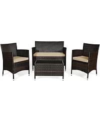 4PCS Rattan Patio Furniture Set Sofa Chair Coffee Table w/Cushion
