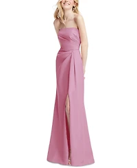 After Six Plus Strapless Pleated Faux Wrap Trumpet Gown with Front Slit