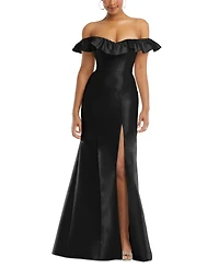 Alfred Sung Women's Off-the-Shoulder Ruffle Neck Satin Trumpet Gown