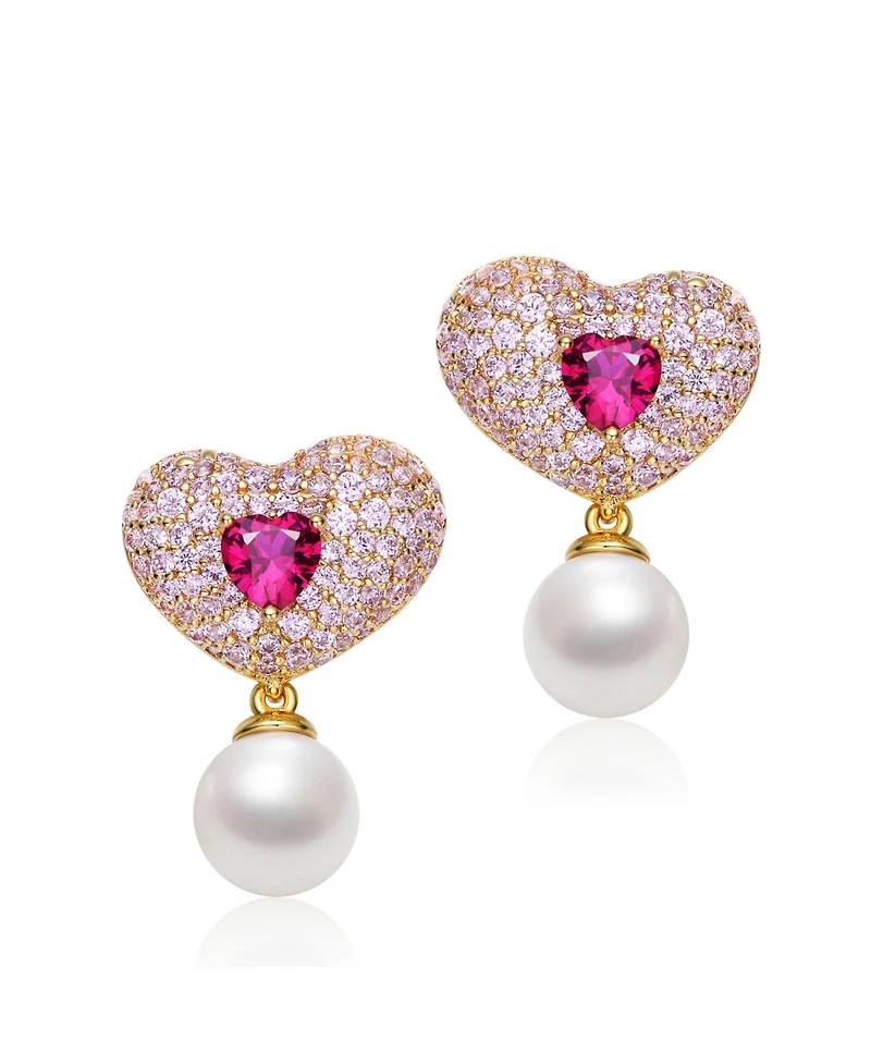 Sterling Silver & 14K Gold-Plated Red Cubic Zirconia Heart Earrings with Pearl Butterfly Drops