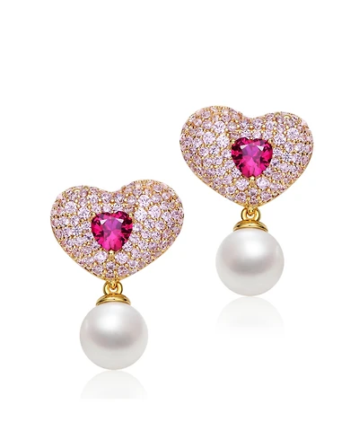 Sterling Silver & 14K Gold-Plated Red Cubic Zirconia Heart Earrings with Pearl Butterfly Drops