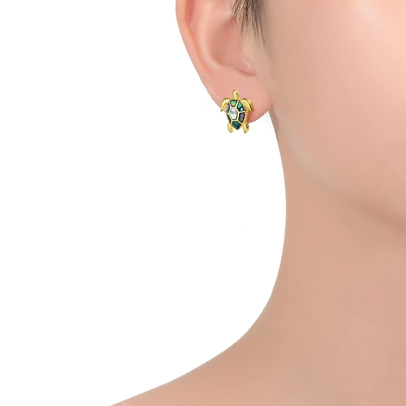 Sterling Silver 14k Yellow Gold Plated with Shimmering Abalone Shell Inlay Sea Turtle Stud Earrings