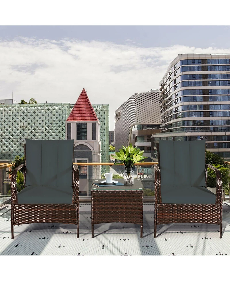 Costway 3 Pcs Patio Wicker Rattan Furniture Set Coffee Table & 2 Chair