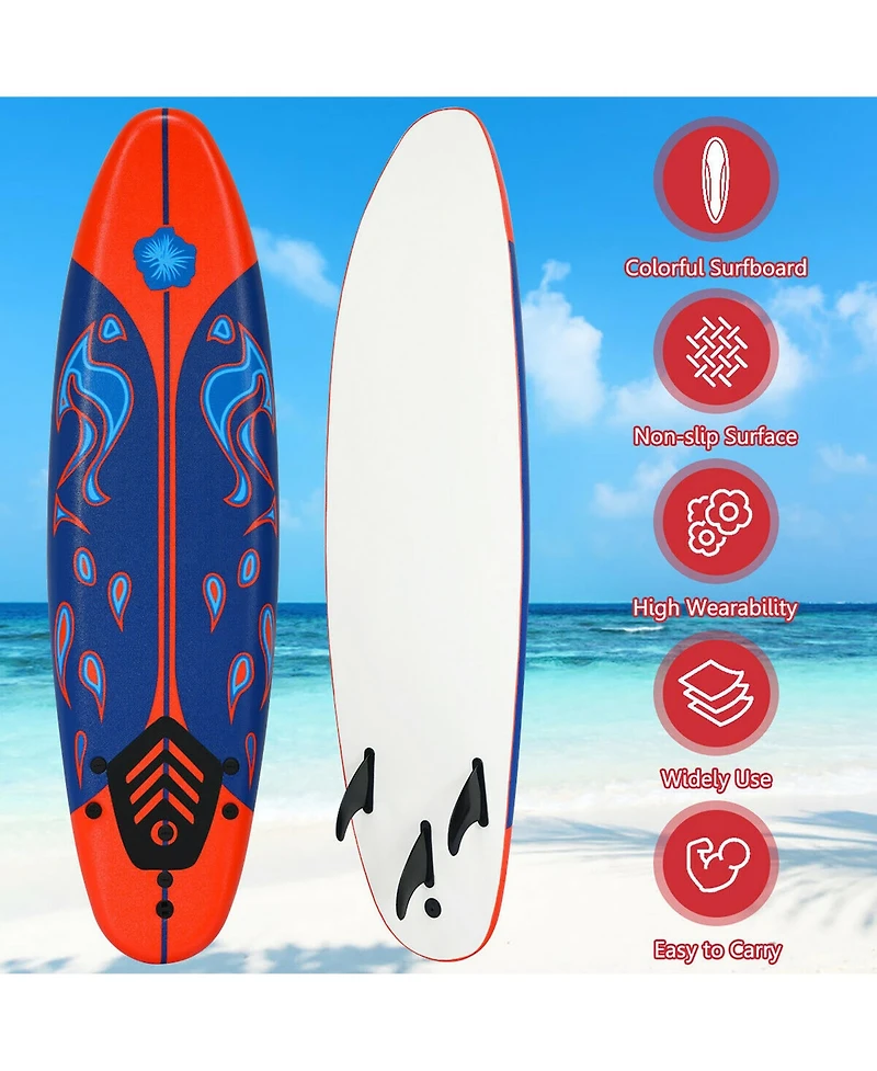 6' Surfboard Foamie Body Surfing Board W/3 Fins & Leash
