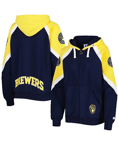 Women's Starter Navy, Gold Milwaukee Brewers Hail Mary Full-Zip Hoodie